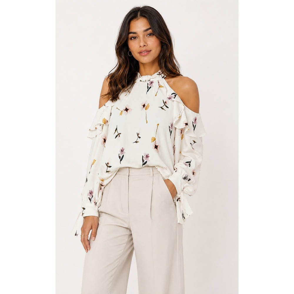 Shoshanna Womens Ivory Pink Floral Cold Shoulder Ruffle Blouse Top Size S